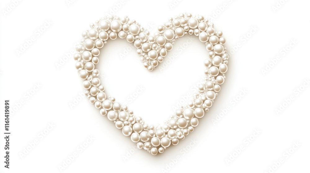 White pearls arranged in a heart shape on white background. White pearls arranged in a heart shape on white background.