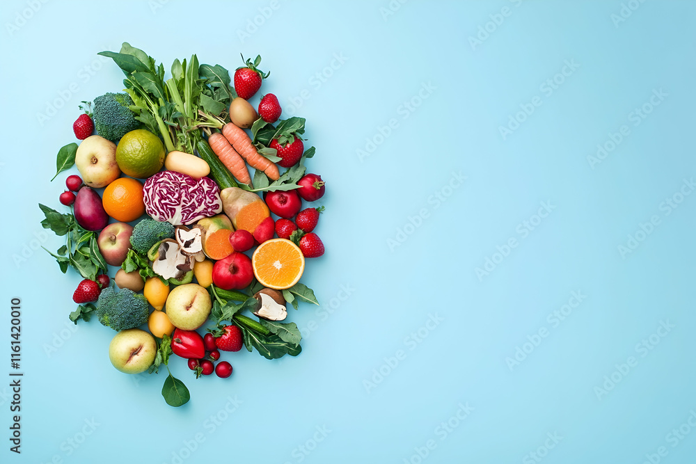 Brain-shaped arrangement of fresh fruits and vegetables on a blue background, symbolizing healthy eating and cognition Brain-shaped arrangement of fresh fruits and vegetables on a blue background, symbolizing healthy eating and cognition