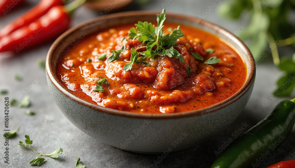 Bowl of rich chili pepper sauce garnished with fresh herbs, warm and inviting kitchen atmosphere, vibrant colors and textures, set against a marble countertop Bowl of rich chili pepper sauce garnished with fresh herbs, warm and inviting kitchen atmosphere, vibrant colors and textures, set against a marble countertop