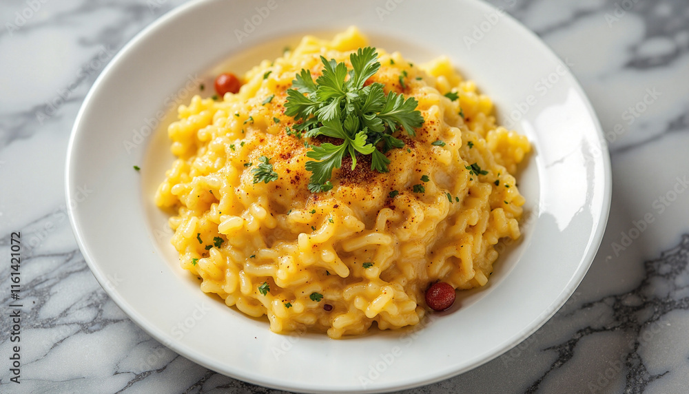 Plated seasoned saffron risotto with parsley garnish, vibrant yellow hue in a white dish, atop a marble surface, showcasing soft natural light Plated seasoned saffron risotto with parsley garnish, vibrant yellow hue in a white dish, atop a marble surface, showcasing soft natural light