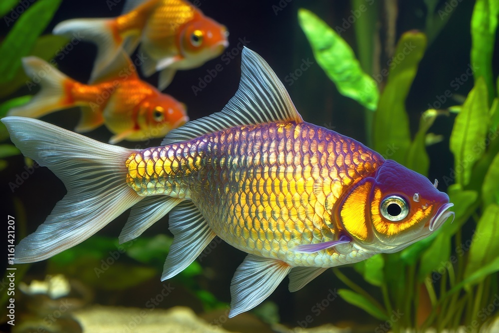Naklejka premium A vibrant goldfish gracefully swims among lush green plants in a lively aquarium.