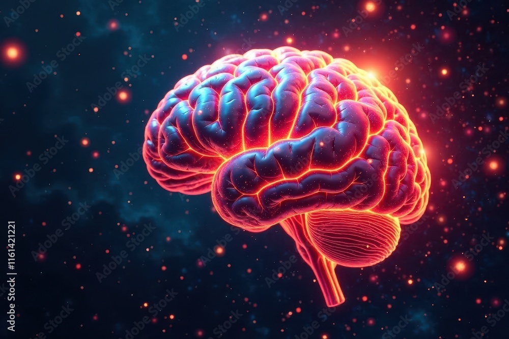 Fototapeta premium Glowing brain, circuitry explodes outwards, vibrant energy , artificial intelligence, system