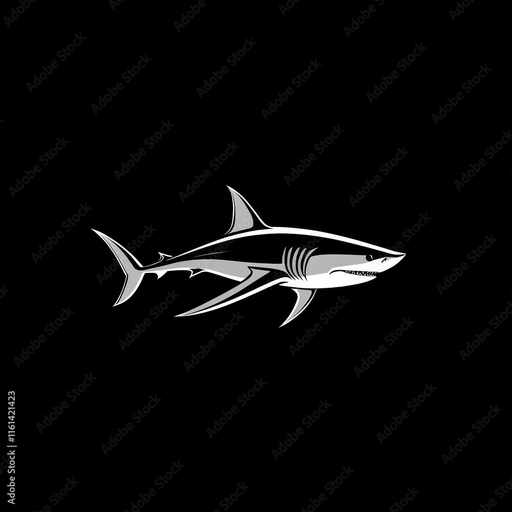Minimalist design, simple lines of a shark on a black background, no shadows, vector-style illustration, no intricate details Minimalist design, simple lines of a shark on a black background, no shadows, vector-style illustration, no intricate details