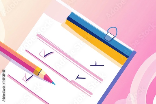 A colorful checklist on a clipboard, featuring check marks and a vibrant pen, creating an engaging work environment. photo