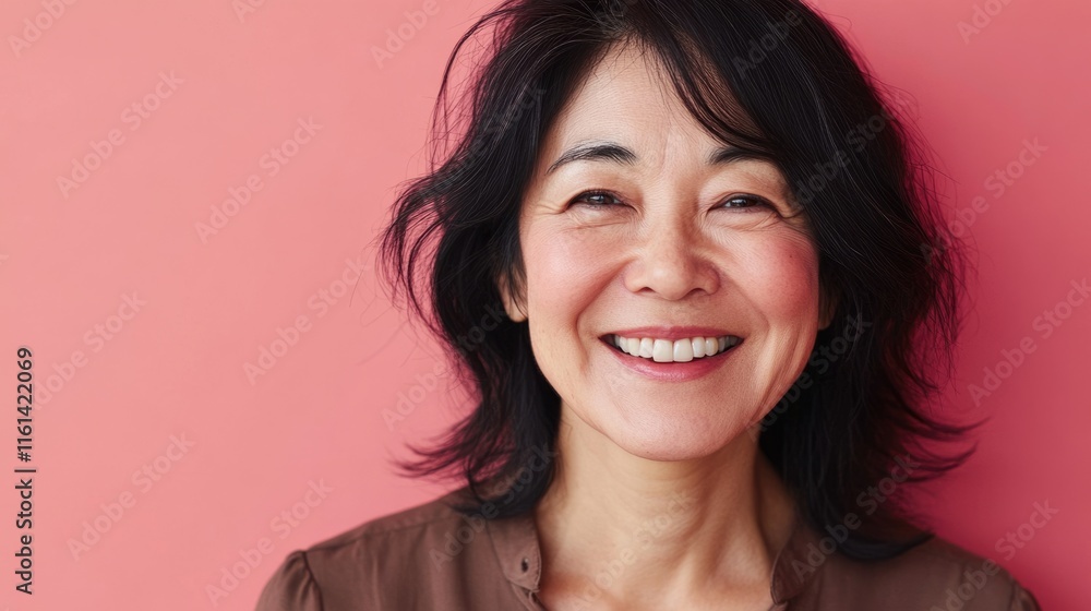 Joyful Asian Woman Embracing Happiness in a Vibrant Pink Setting Joyful Asian Woman Embracing Happiness in a Vibrant Pink Setting