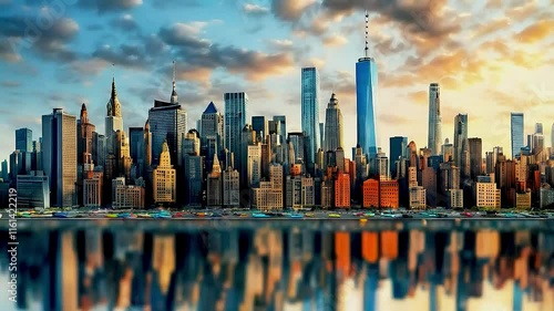 the New York City skyline  at sunset, with  the sun  setting behind  the skyscrapers .
