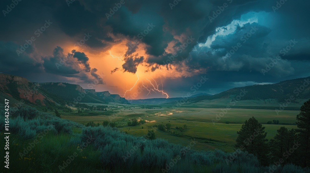 Fototapeta premium Dramatic lightning storm over a valley at sunset.