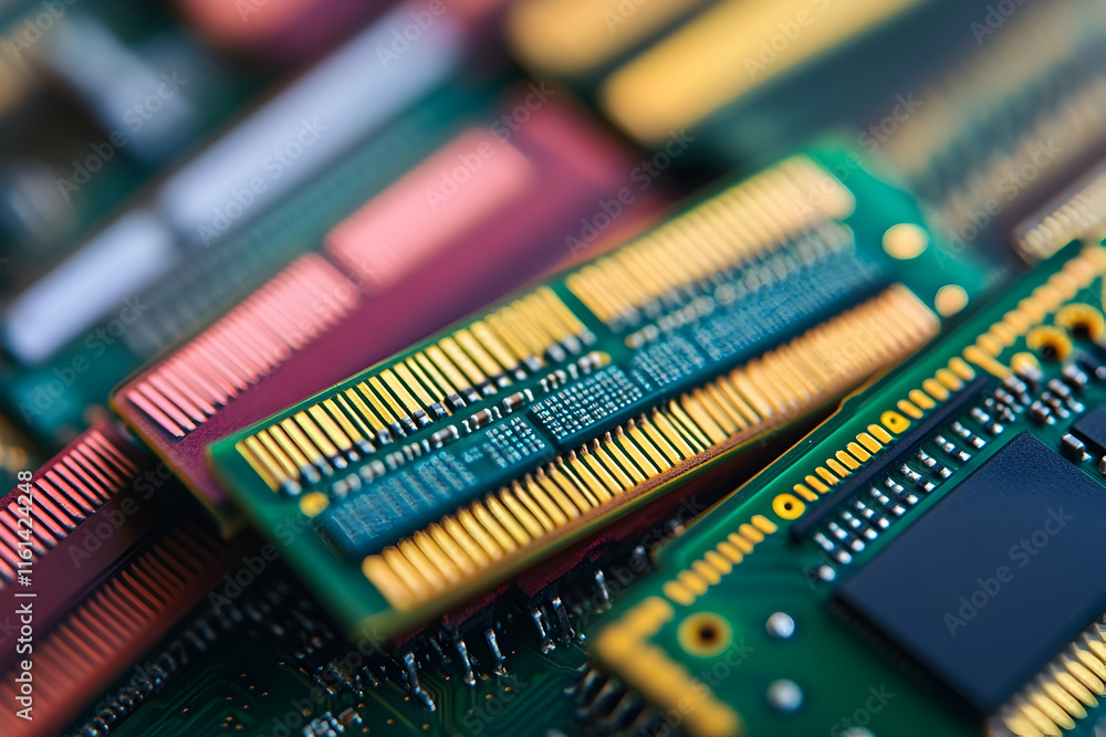 Close-up view of colorful computer chips, showcasing technological advancement Close-up view of colorful computer chips, showcasing technological advancement