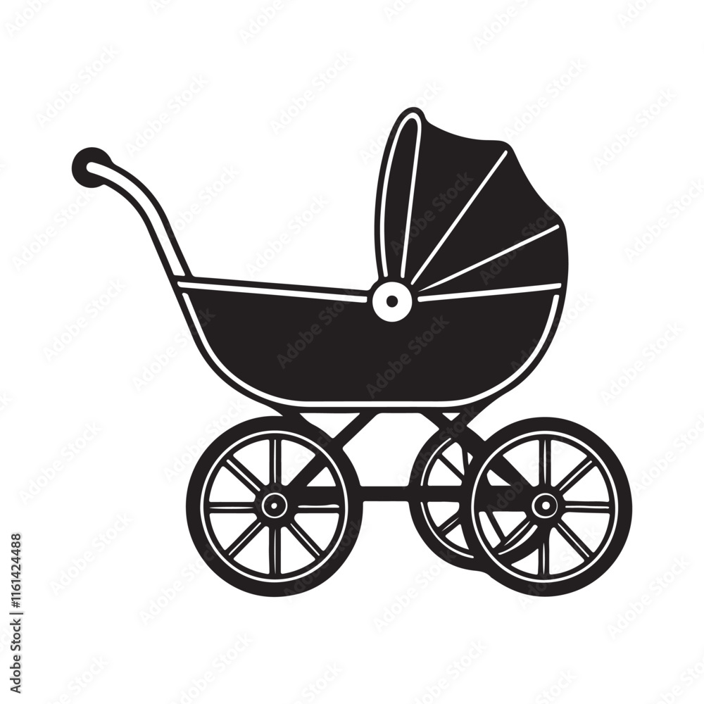 Baby carriage silhouette, black and white silhouette, vector and illustration Baby carriage silhouette, black and white silhouette, vector and illustration