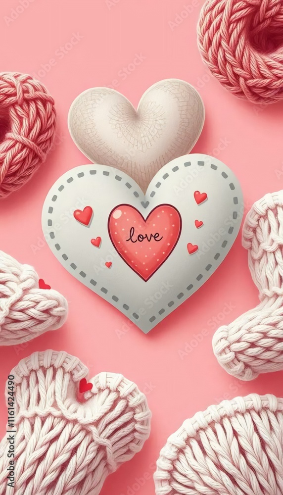 Fototapeta premium cozy heart by knitted textures on a warm pink background, cozy illustration heart surrounded by knitted textures on a warm pink background