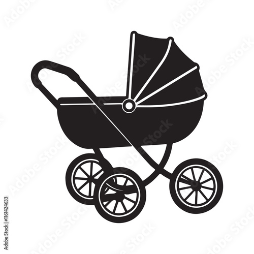 Baby carriage silhouette, black and white silhouette, vector and illustration