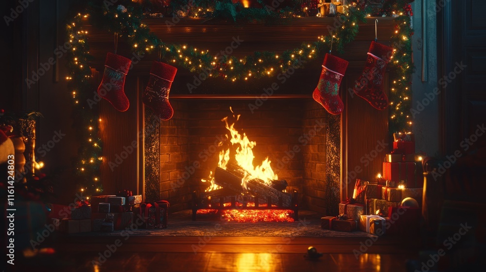 Obraz premium Cozy Christmas fireplace with stockings, presents, and glowing fire.