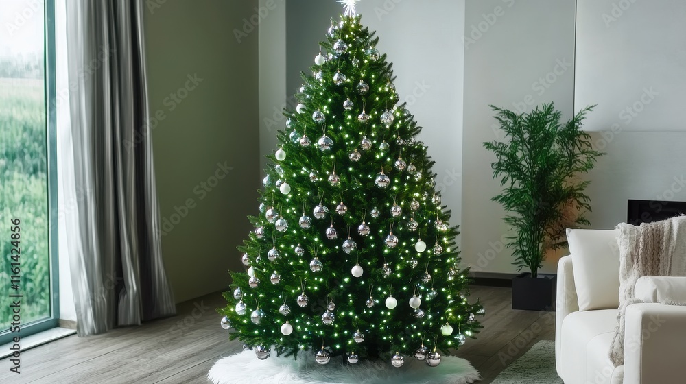A beautifully decorated Christmas tree with silver ornaments, set in a cozy living room filled with holiday spirit. A beautifully decorated Christmas tree with silver ornaments, set in a cozy living room filled with holiday spirit.