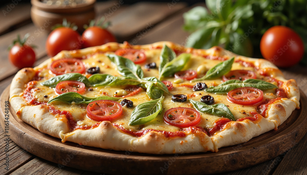 Freshly Baked Homemade Pizza with Fresh Toppings on a Rustic Wooden Board in Warm Natural Light Freshly Baked Homemade Pizza with Fresh Toppings on a Rustic Wooden Board in Warm Natural Light