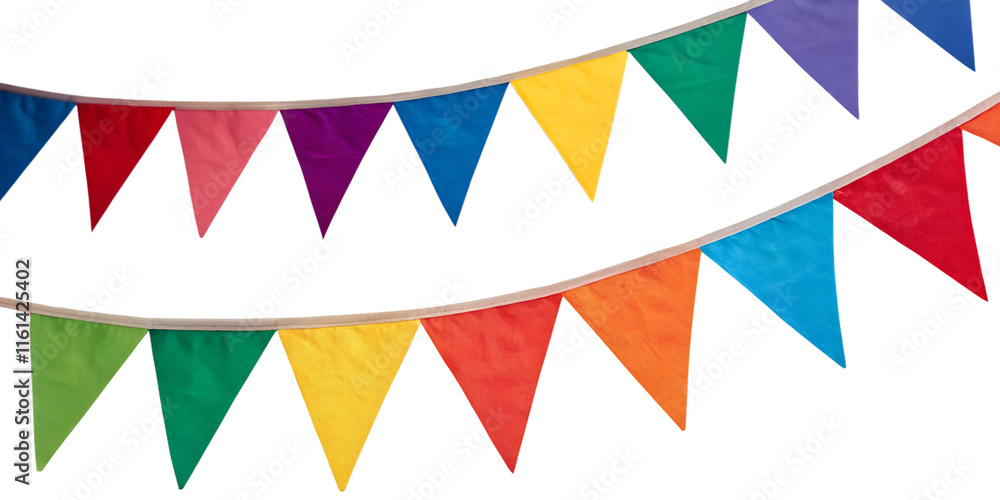 Obraz premium Multicolor bunting party decoration isolated in transparent background perfect for birthday party, marriage anniversary, valentines day and new year celebrations.