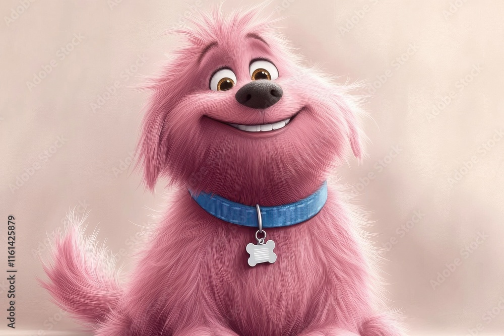 Fototapeta premium A cheerful pink animated dog with wide eyes and a big smile, wearing a blue collar with a bone tag.