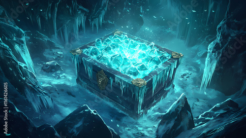 A treasure chest crafted from living ice, its contents shimmering with an otherworldly glow, awaited brave explorers in the frozen depths. Frostline. Illustration photo