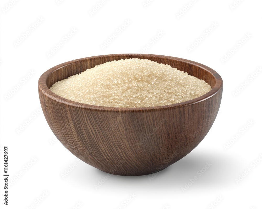 Top View of a Rustic Wooden Bowl Filled with Granulated White Sugar Isolated on a Clean Background Top View of a Rustic Wooden Bowl Filled with Granulated White Sugar Isolated on a Clean Background