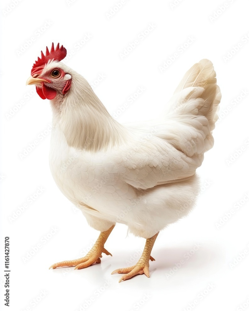Fototapeta premium Isolated White Hen Standing Gracefully on a Farm - A Portrait of Poultry Elegance