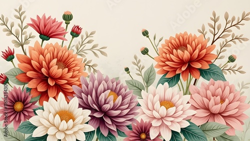 Hand-Painted Vintage Wedding Floral Panel, Lush Crimson, Orange, Pink, Plum & White Chrysanthemum Bouquet on Ivory
