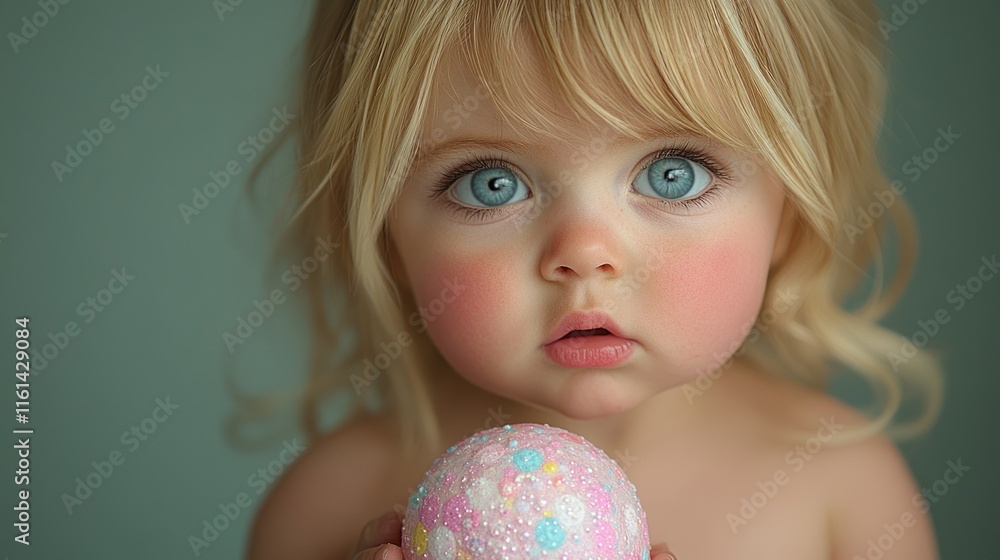 Adorable toddler girl with rosy cheeks holds a pastel pink decorative egg. Adorable toddler girl with rosy cheeks holds a pastel pink decorative egg.