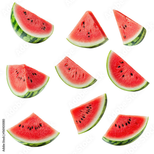 Collection of watermelons with half slices falling or floating, celebrating freshness and summer vibes. 