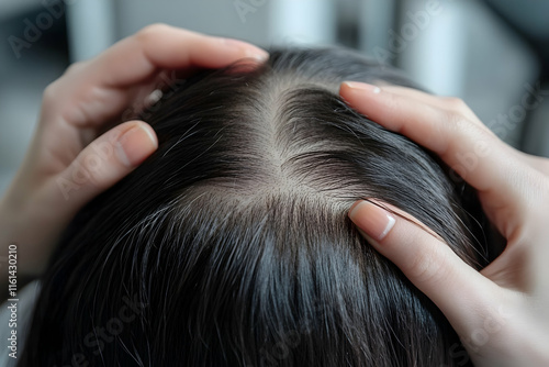 Doctor inspecting a patient's scalp for signs of nutrient and iron deficiencies photo