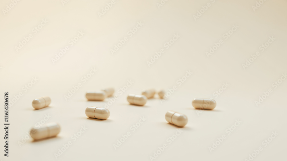 This image features a collection of magnesium glycinate capsules with a blurred background that appears to be an indoor surface or table. This image features a collection of magnesium glycinate capsules with a blurred background that appears to be an indoor surface or table.
