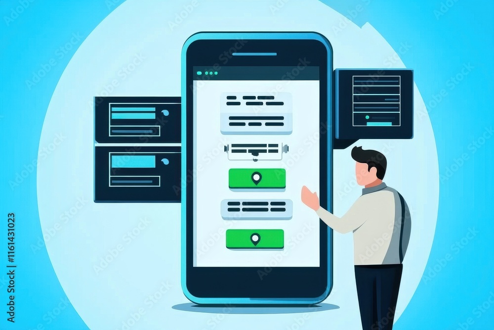 A young man interacts with a large smartphone displaying location services and messaging features. A young man interacts with a large smartphone displaying location services and messaging features.