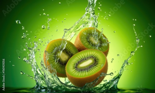 Fresh kiwi slices splashing in water photo