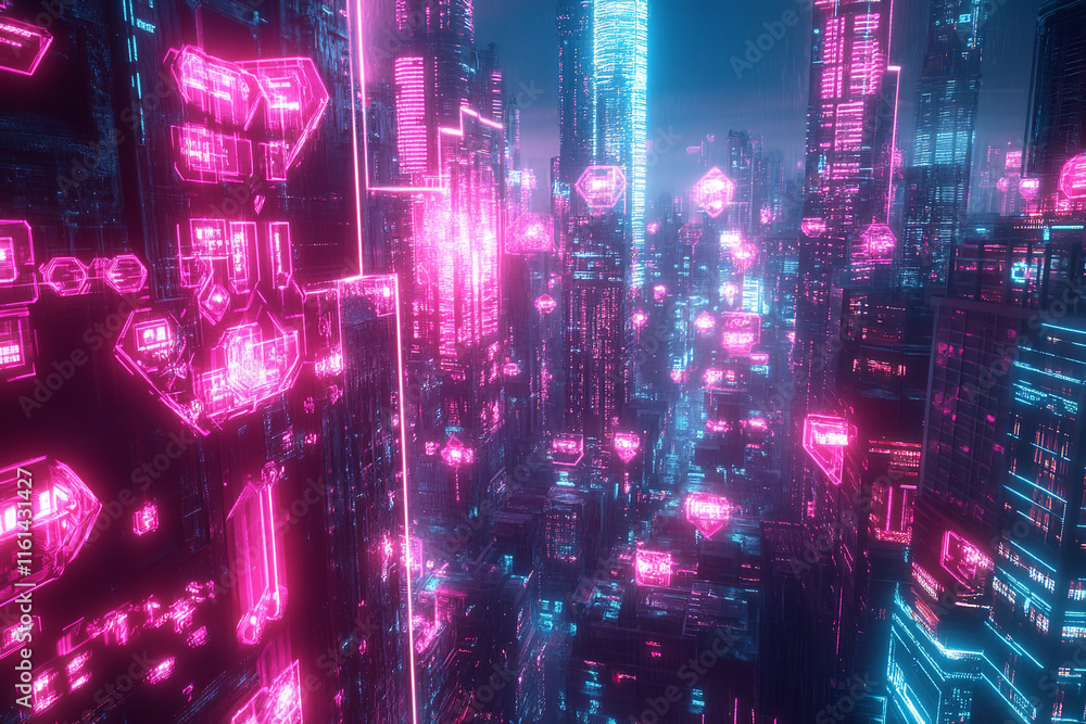 Fototapeta premium The image depicts a futuristic cityscape with towering skyscrapers illuminated by vibrant neon lights in shades of pink and blue