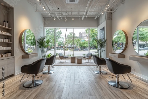 An elegant hair salon with black seating, circular mirrors, and a touch of neon lighting
