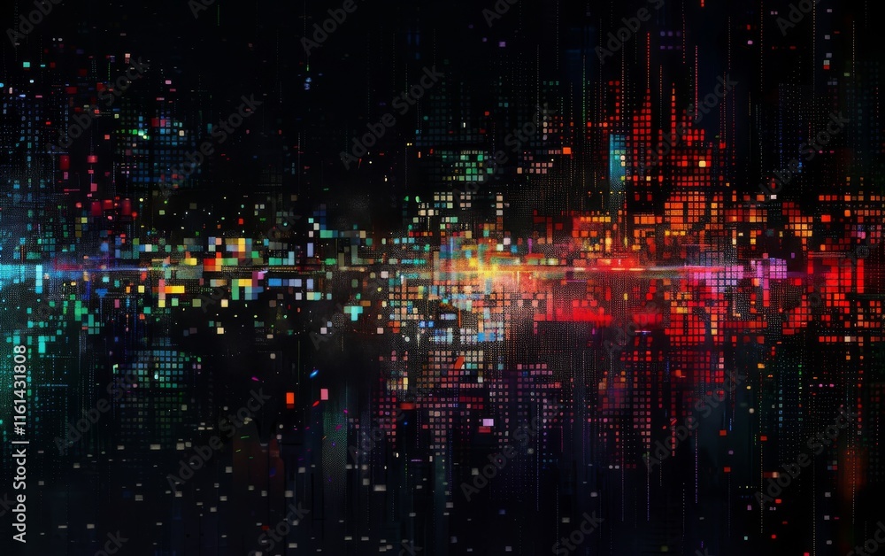 Fototapeta premium Vibrant digital cityscape with multicolored pixelated lights. Futuristic design, abstract urban theme, high-tech aesthetic.