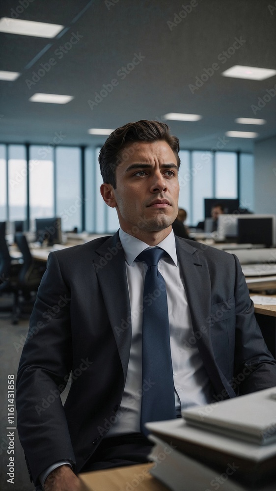 Pensive businessman contemplating in modern office setting Pensive businessman contemplating in modern office setting
