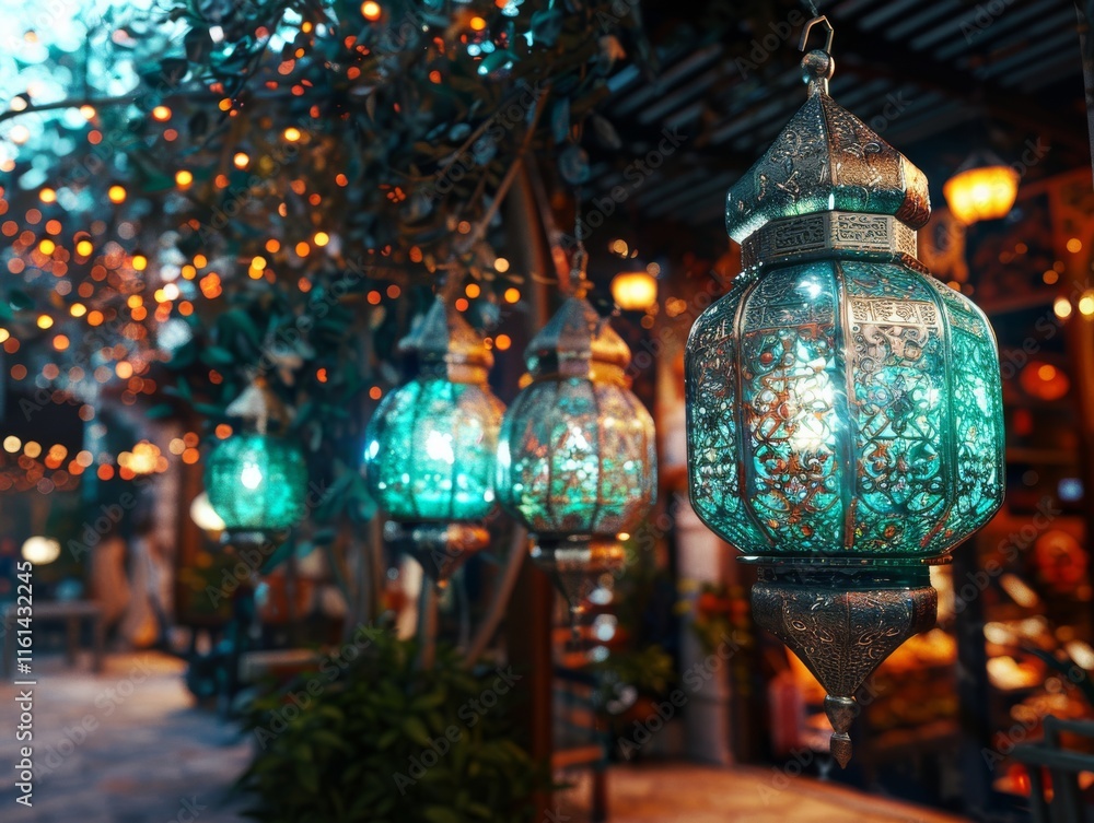 Ornate Hanging Lanterns with Warm Lights in a Middle Eastern Market