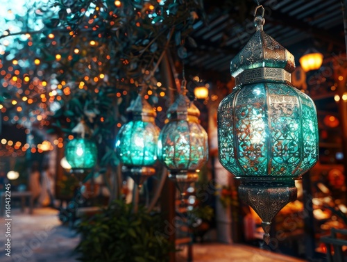 Obraz na płótnie Ornate Hanging Lanterns with Warm Lights in a Middle Eastern Market w salonie