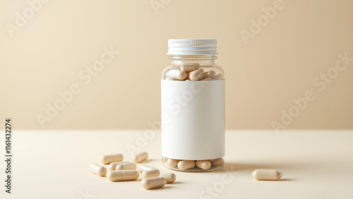 Wallpaper Mural Magnesium Glycinate Supplement Bottle with Capsules on a Table. Torontodigital.ca