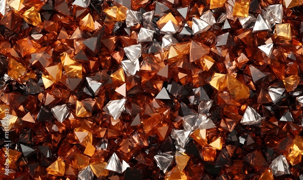 Pile of shiny triangular gems in brown, orange, and silver tones. Pile of shiny triangular gems in brown, orange, and silver tones.
