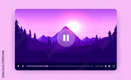 Online video player window frame - Watching tube channel multimedia window with nature landscape example scene in beautiful pink and purple colours. Flat design vector illustration