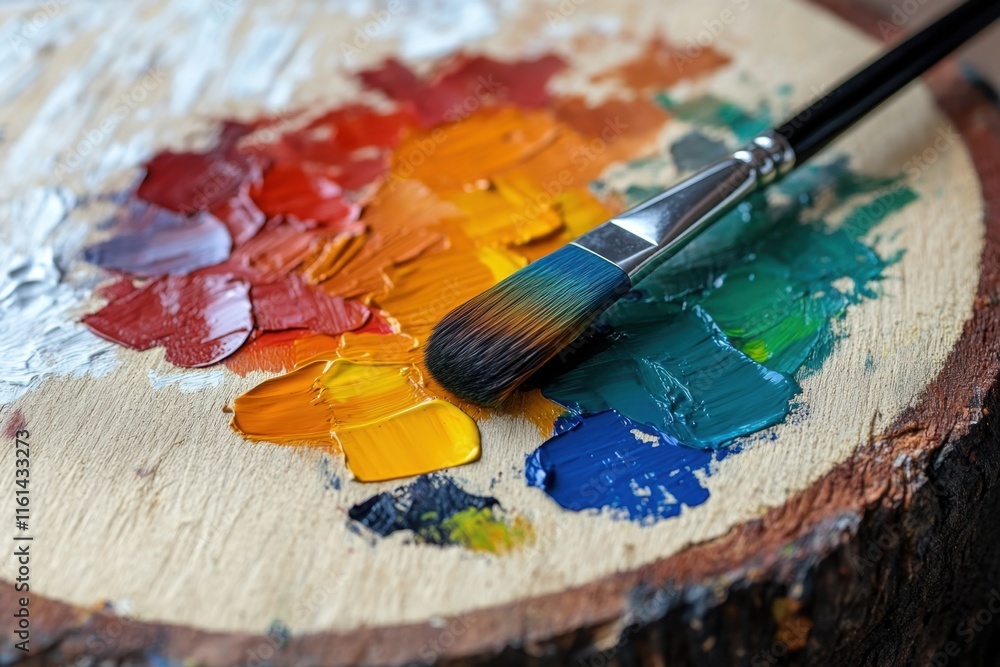 Fototapeta premium Artist paintbrush on a wooden palette with vibrant colors