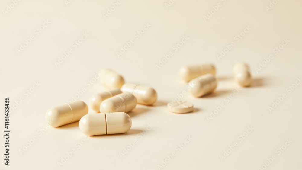 Magnesium Glycinate capsules scattered on a wooden surface. Magnesium Glycinate capsules scattered on a wooden surface.
