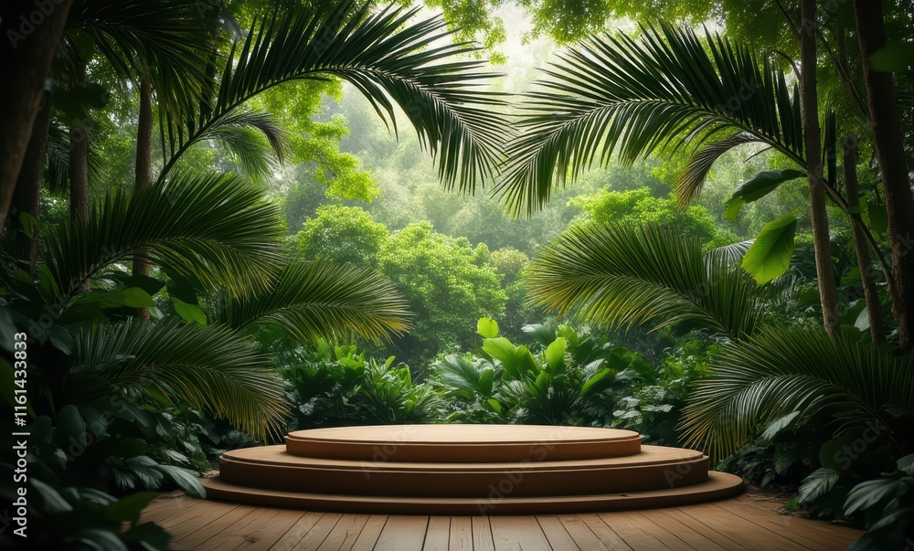 Serene wooden platform in lush green jungle Serene wooden platform in lush green jungle