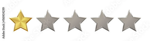 Low level 1 out of 5 shiny realistic gold, silver star with metallic effect. Five elements for medal, award, product rating, hotels status. Customer feedback, review. Isolated vector EPS10. Png	
