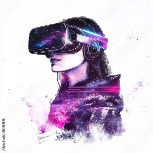 A young female wearing a vibrant virtual reality headset, immersed in a cosmic digital world with colorful effects. photo