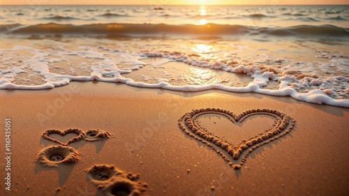 Hearts drawn in sand with footprints on beach at sunset for romantic love theme photo