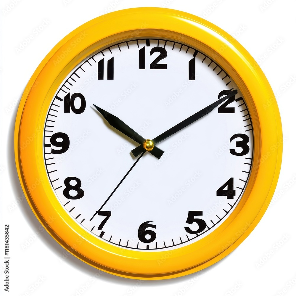 A bright yellow wall clock displaying 10:10, adding a cheerful element to any room. A bright yellow wall clock displaying 10:10, adding a cheerful element to any room.