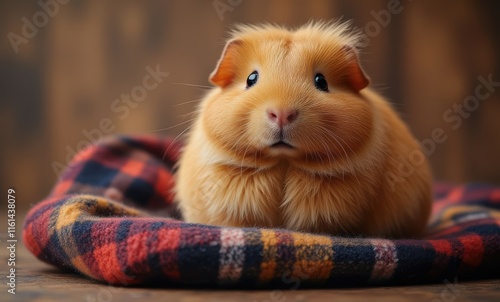 Adorable orange guinea pig sitting on plaid fabric photo