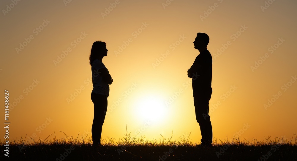 Silhouetted figures of a love couple standing in a field during sunrise or sunset warm golden hue of the sky the man going to propose the woman for valentine's day love Silhouetted figures of a love couple standing in a field during sunrise or sunset warm golden hue of the sky the man going to propose the woman for valentine's day love