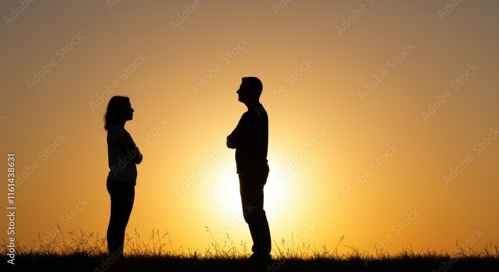 Silhouetted figures of a love couple standing in a field during sunrise or sunset warm golden hue of the sky the man going to propose the woman for valentine's day love Silhouetted figures of a love couple standing in a field during sunrise or sunset warm golden hue of the sky the man going to propose the woman for valentine's day love