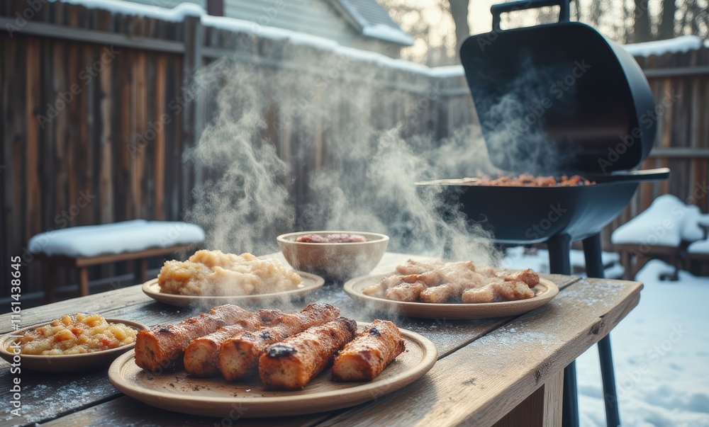Grilled sausages with sides in winter setting Grilled sausages with sides in winter setting